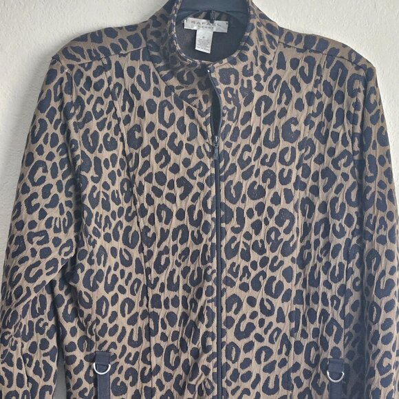 Leopard print stretch Career office Workwear black brown pocket XL zipper jacket - Picture 1 of 4